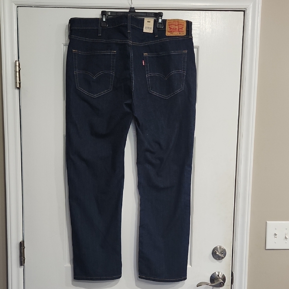 Dark Blue Straight-Leg Jeans with Leather Patch